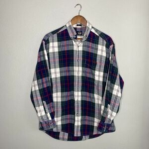 VTG Dockers Men's Small Plaid Flannel Cotton Button Down White Blue Green 90's